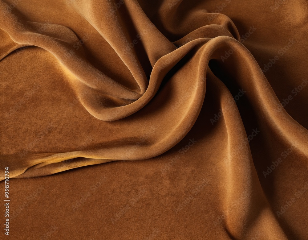 Poster a close-up view crumpled, brown fabric with a smooth, flowing texture