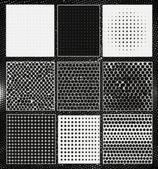 The contains nine square patterns, each with a unique arrangement of dots and lines, creating a visually striking and abstract design