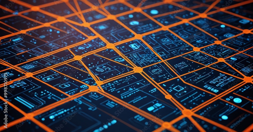 Poster a close-up view complex network of interconnected lines and dots, in shades of blue and orange The lines and dots are arranged in a grid-like
