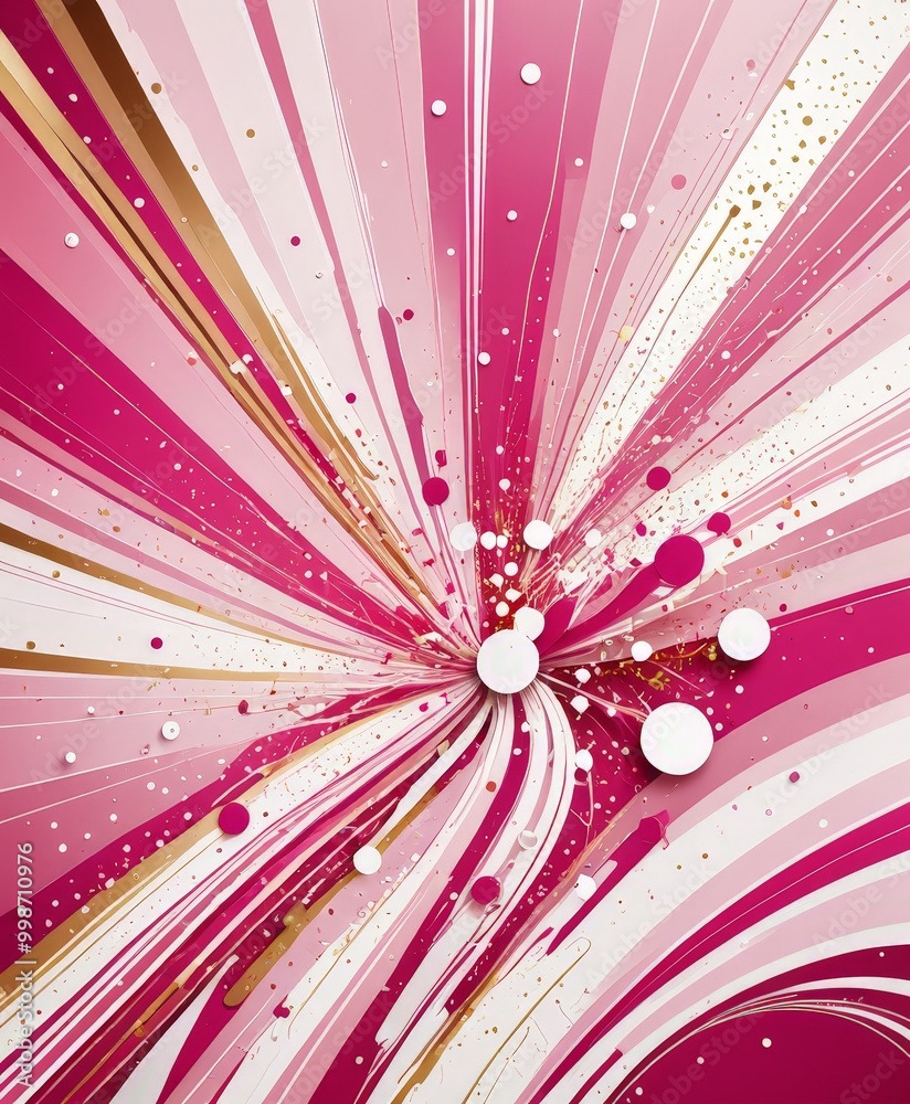 Fototapete a vibrant abstract composition with pink and white stripes radiating outwards, interspersed with gol