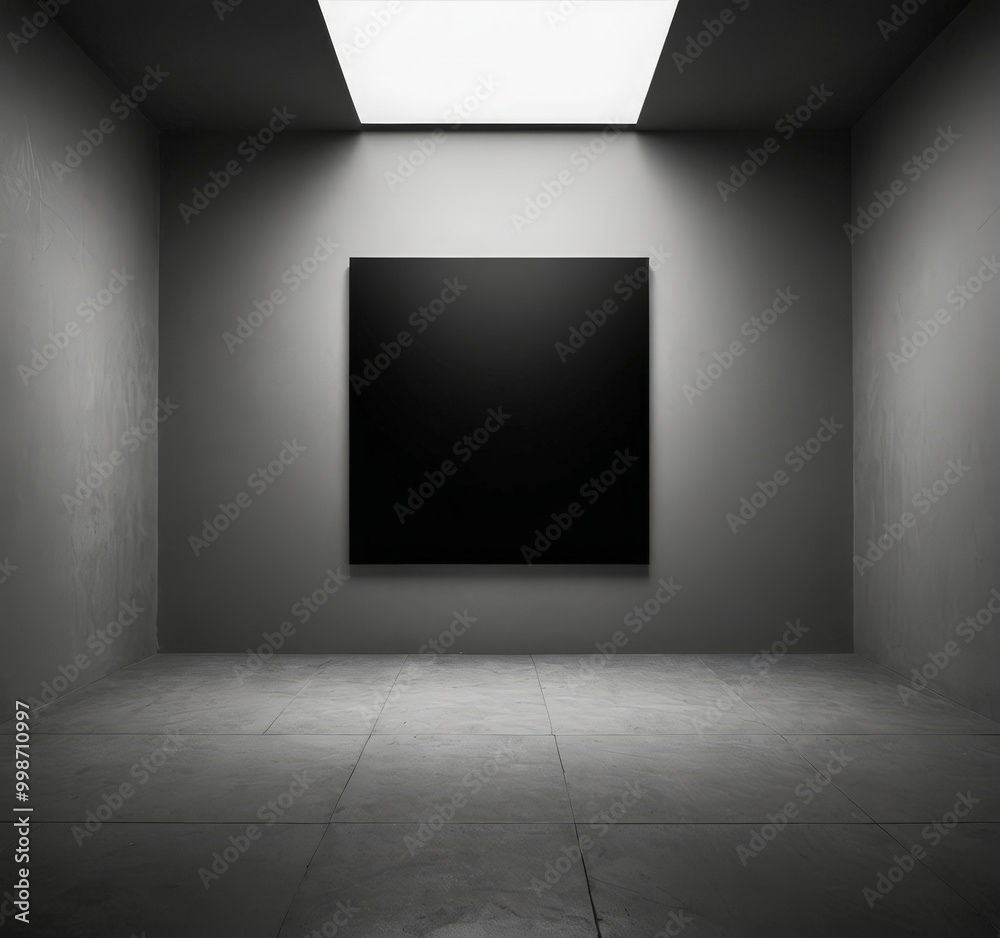 Poster a minimalist art gallery with a large black canvas hanging on a gray wall, illuminated by a skylight