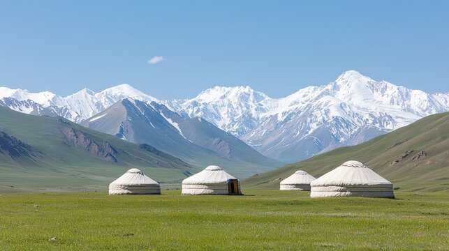Spring serenity: majestic kyrgyz mountain landscape with traditional yurts