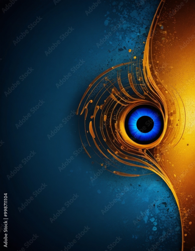 Poster a striking blue eye with a golden feather-like pattern surrounding it, set against a deep blue backg