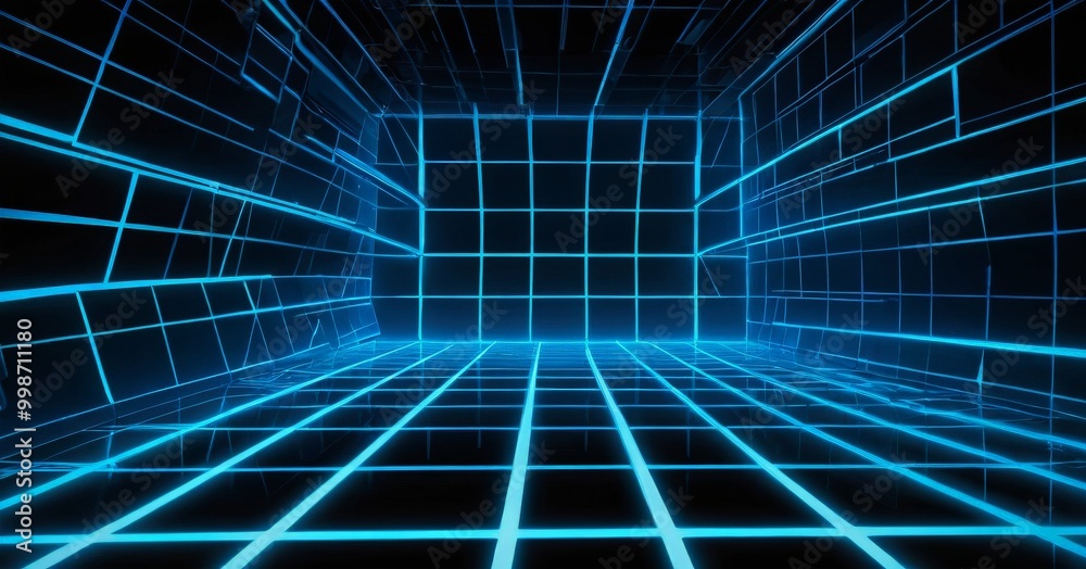 Poster a futuristic, - room with a grid-like pattern of blue lines and glowing blue lights, creating a sense of depth and dimensionality