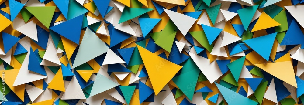 Poster a vibrant collage of overlapping triangles in various shades of blue, yellow, and green, creating a 