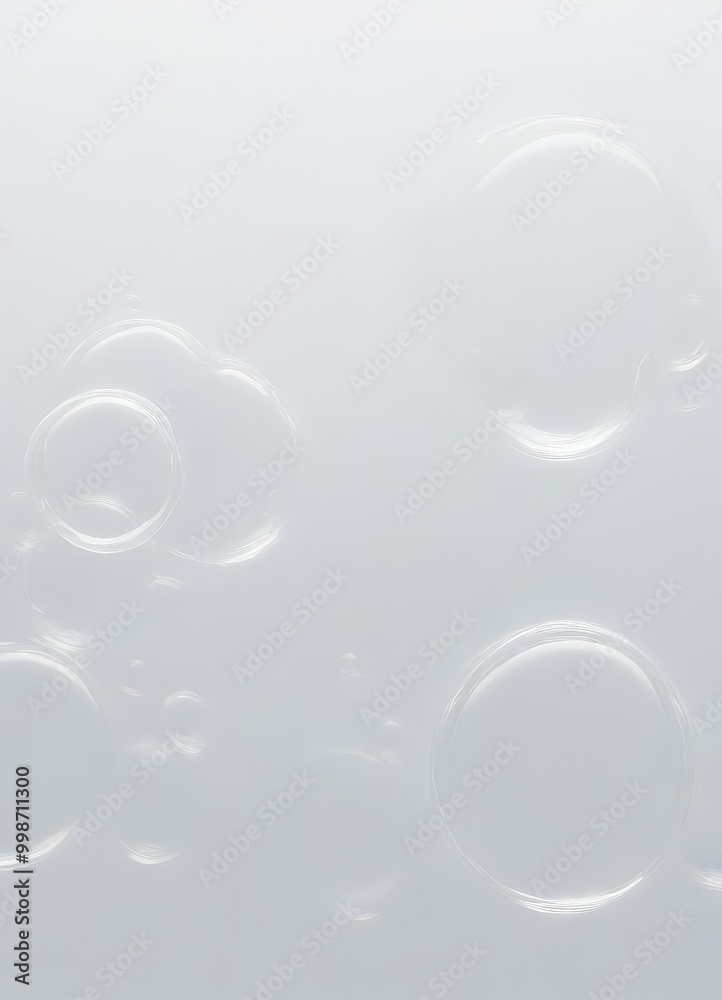 Poster a close-up view white surface with several transparent bubbles of varying sizes, creating a sense of depth and movement
