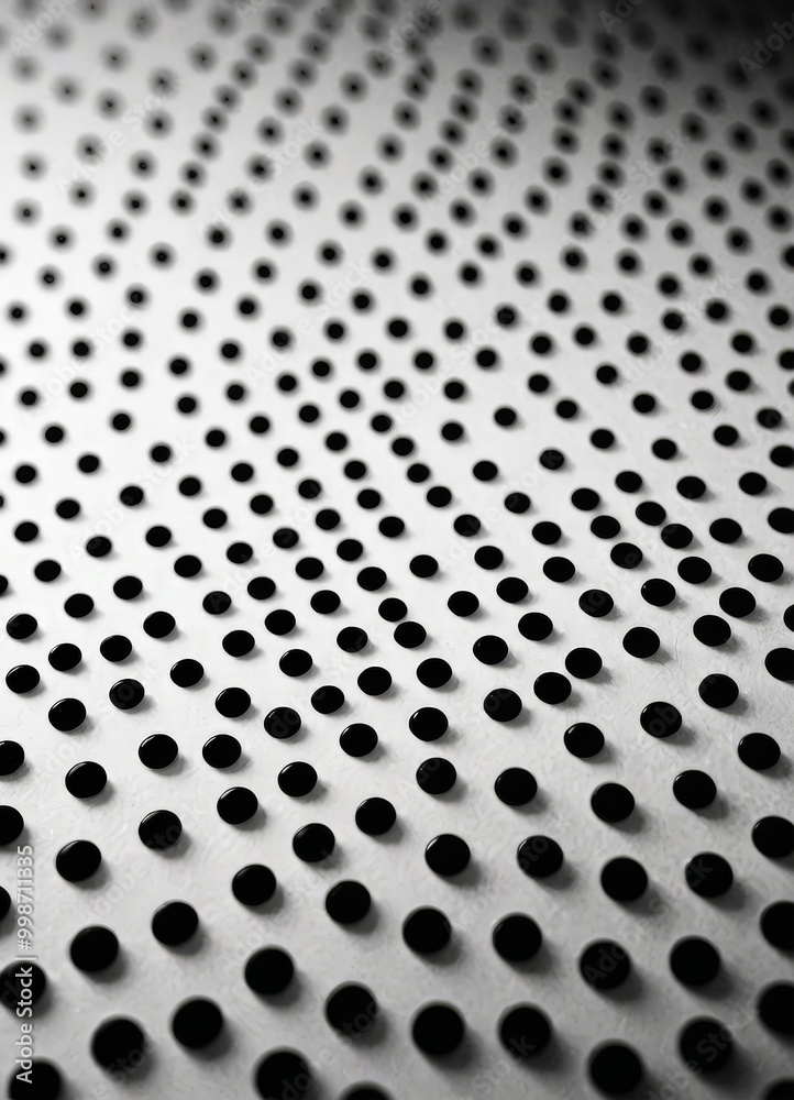 Poster a close-up black and white perforated metal surface, with numerous small circular holes arranged in 