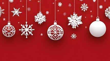 White icons of holiday ornaments and snowflakes on a red Christmas background
