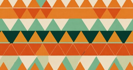 a repeating pattern of triangles in various shades of orange, green, and white, arranged in a diagonal line across the frame