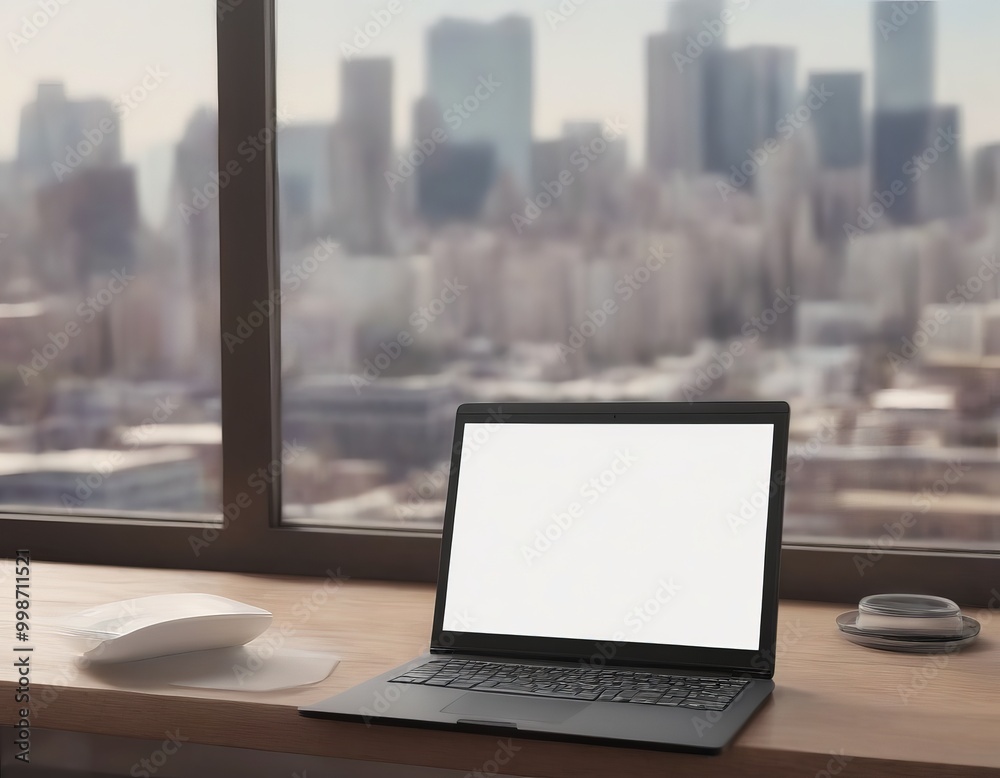 Poster a laptop with a blank white screen sits on a wooden desk, with a blurred cityscape visible through a