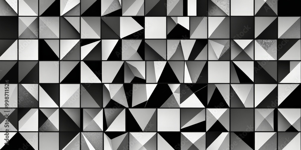 Poster a black and white abstract pattern composed of numerous small square tiles arranged in a grid-like fashion The tiles vary in size and orientation, creating a