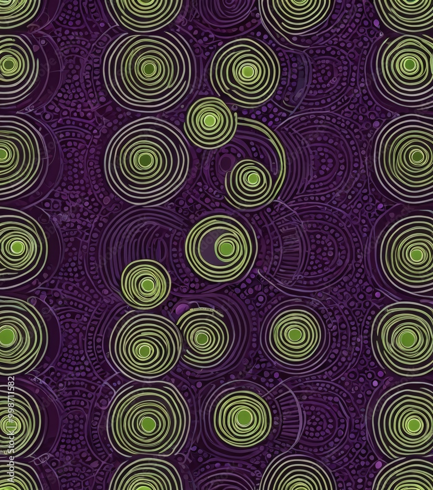 Aufkleber a repeating pattern of concentric circles in shades of green and purple, with a central green circle