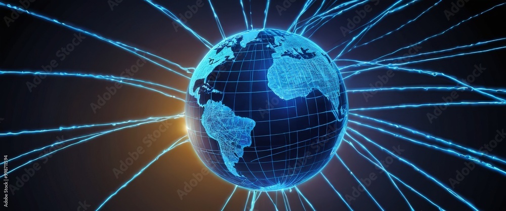 Poster A 3D of a globe surrounded by a network of blue lines, representing the global communication and information infrastructure.
