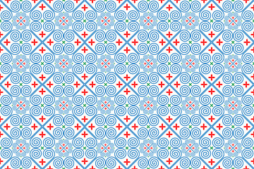 Hmong ethnic fabric patterns are spiral lines connected in shapes and flowers, which combine traditional and modern designs, used in clothing design.