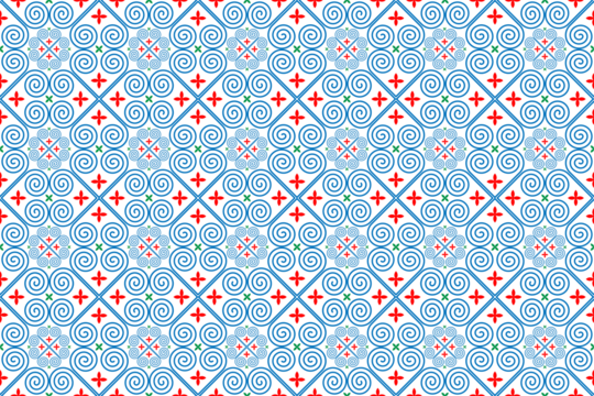 Hmong ethnic fabric patterns are spiral lines connected in shapes and flowers, which combine traditional and modern designs, used in clothing design.