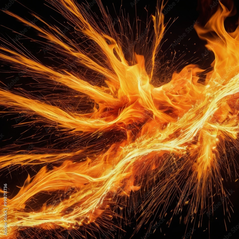 Poster the captures a dynamic scene fire, with flames radiating outwards in a striking pattern against a da