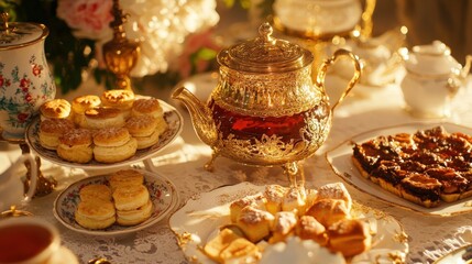 Traditional russian tea ceremony with samovar and pastries for spring gatherings