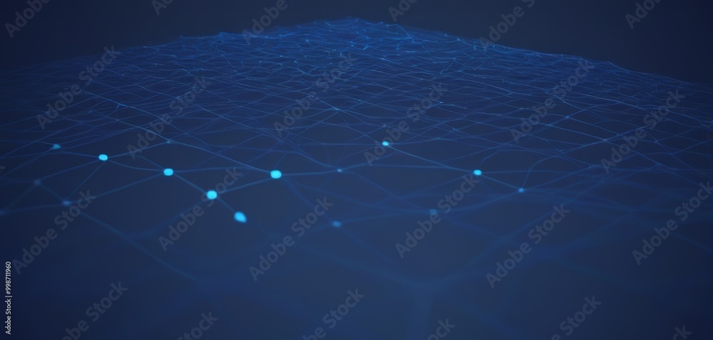 Poster a digital illustration network of interconnected lines and dots, creating a sense of depth and complexity The lines and dots are arranged in a