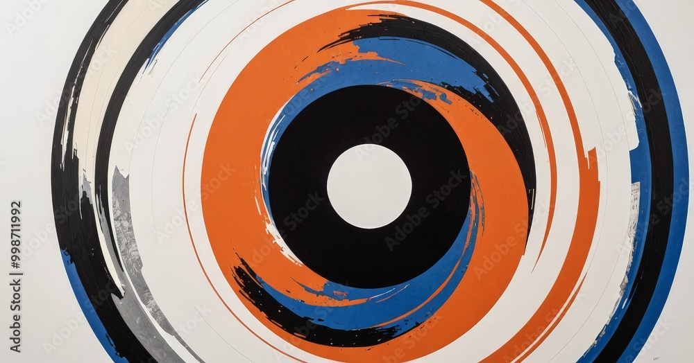 Poster a close-up view of an abstract artwork featuring a large white circle with a black center, surrounde