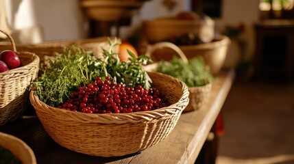 Traditional russian woven baskets filled with fresh produce for spring decor