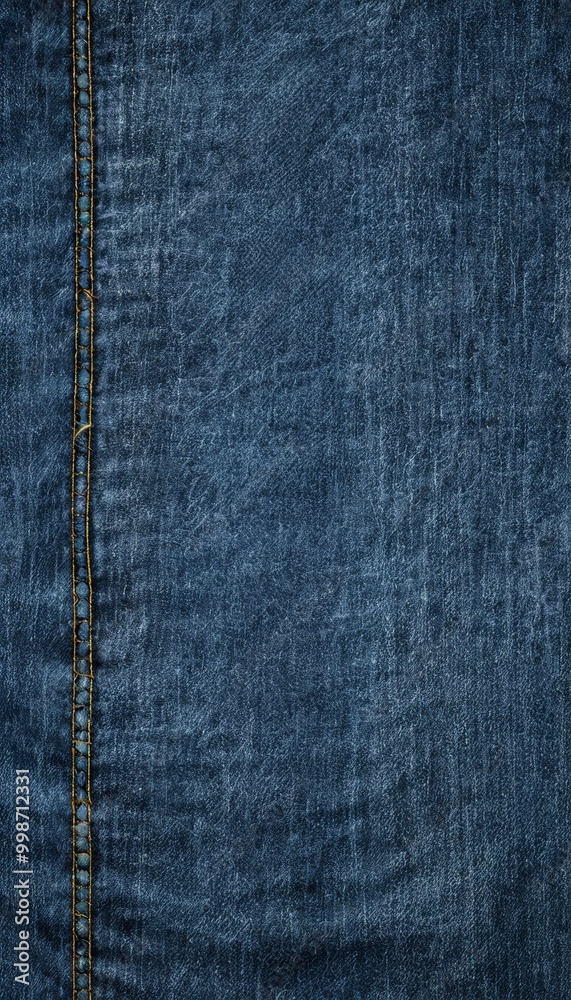 Aufkleber A close-up view pair of blue jeans, focusing on the fabric's texture and the yellow stitching running down the side