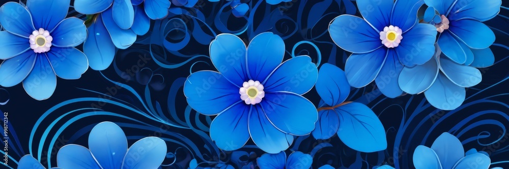 Poster a close-up view of blue flowers with white centers against a dark blue background with swirling patt