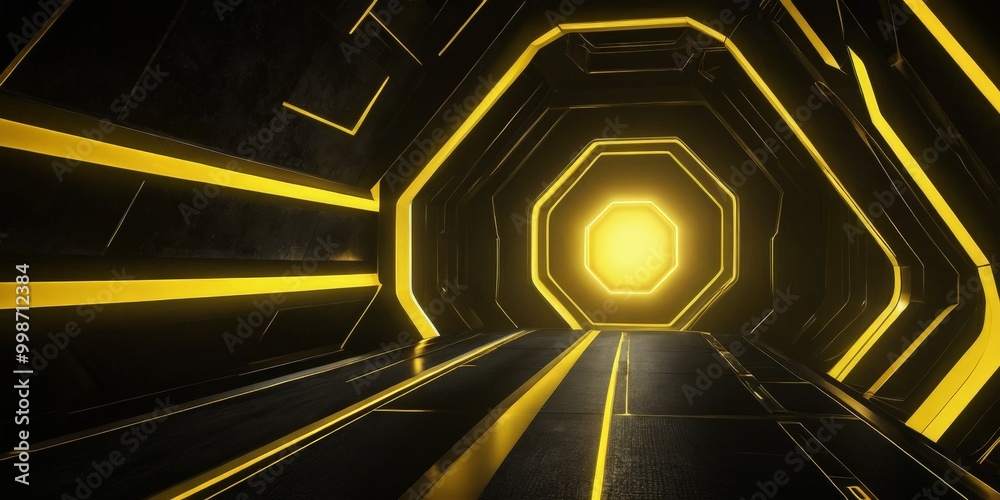 Poster a futuristic tunnel with a bright yellow light at the end, creating a sense of depth and mystery