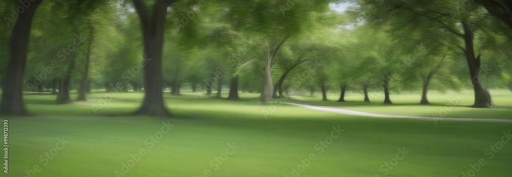 Poster a serene park scene with a winding path, lush green grass, and a line of tall trees in the backgroun