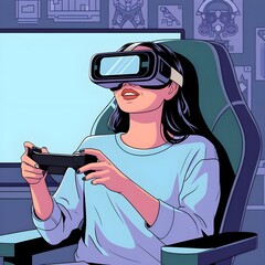 A woman wearing a virtual reality headset while playing video games,generative ai