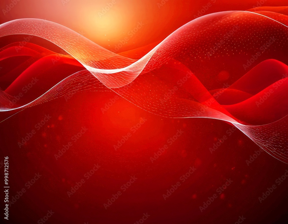 Poster a vibrant abstract composition of red and orange hues, with a wave-like pattern and a radiant sun in