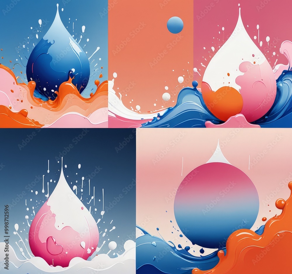 Poster the contains four distinct illustrations of water droplets in various colors and sizes, with splashe