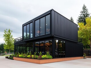 Fototapeta premium Modern container restaurant exterior with sleek black metal siding, large glass windows, and rooftop garden seating