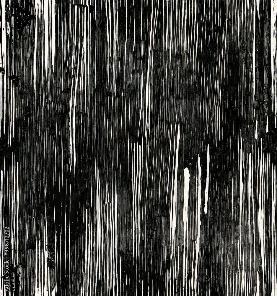 Poster a black and white abstract pattern composed of vertical lines and thin white lines, creating a sense of depth and movement.