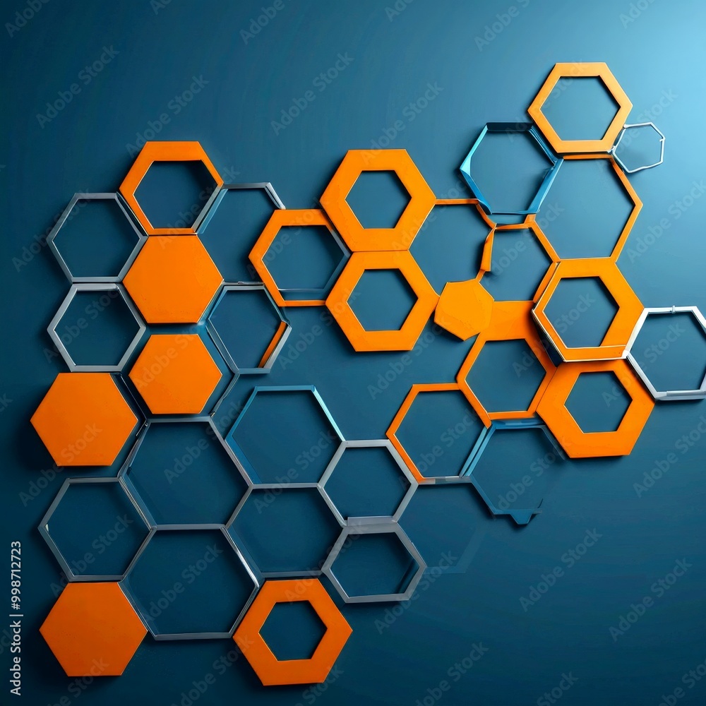 Fototapete a collection of hexagonal shapes in various shades of orange and blue, arranged in a seemingly rando