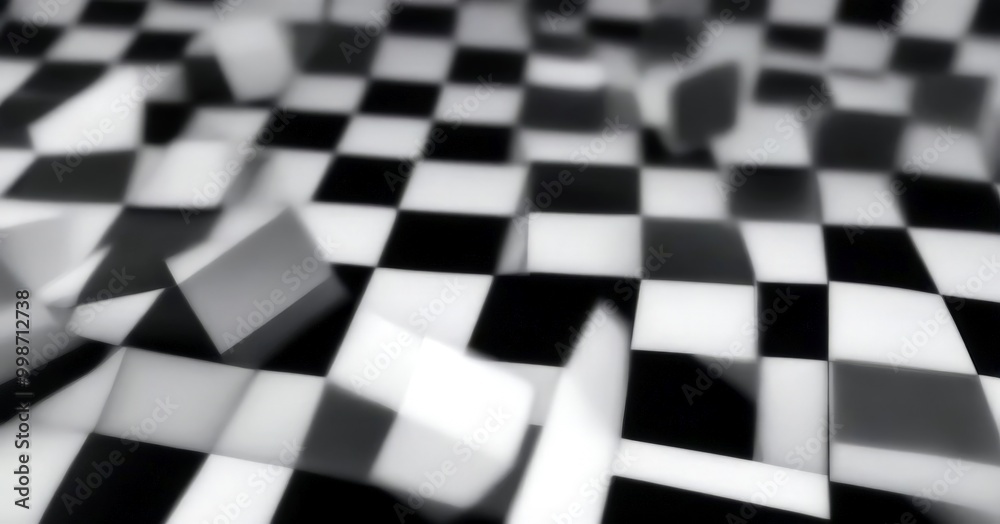 Poster a black and white photograph of a checkered floor composed of numerous small cubes, creating a visually striking and abstract pattern.