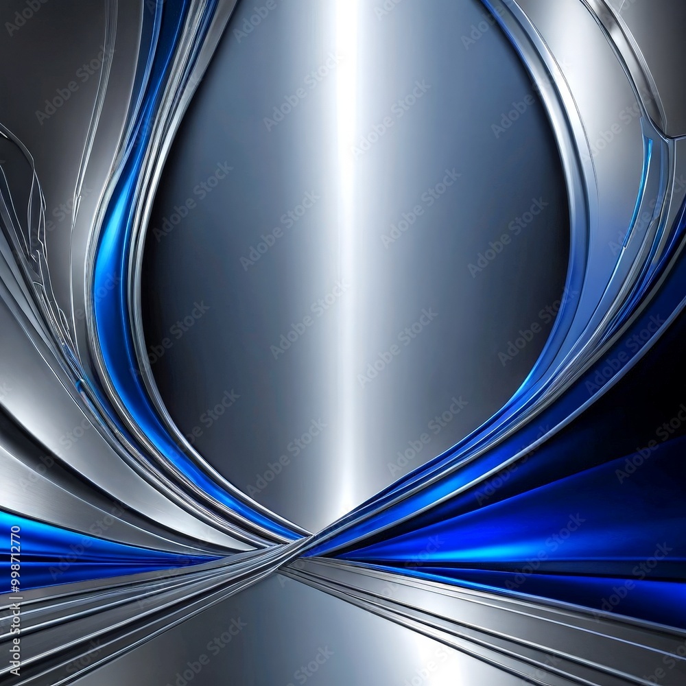 Poster a striking abstract composition of curved lines and metallic textures in shades of blue and gray, creating a sense of movement and dynamism