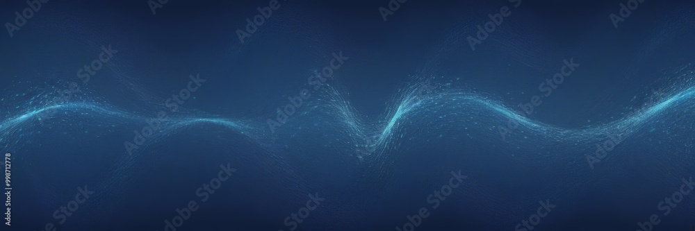 Poster a digital illustration wave-like pattern, composed of small particles or lines that appear to be floating or floating in a dark blue background