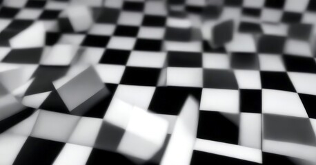 a black and white photograph of a checkered floor composed of numerous small cubes, creating a visually striking and abstract pattern.