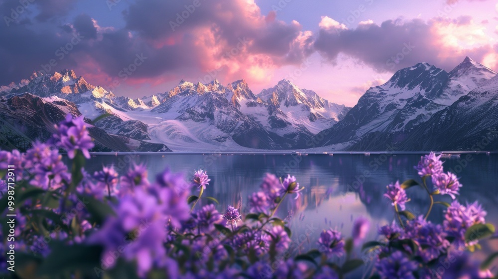 Poster a beautiful mountain range with a lake in the foreground