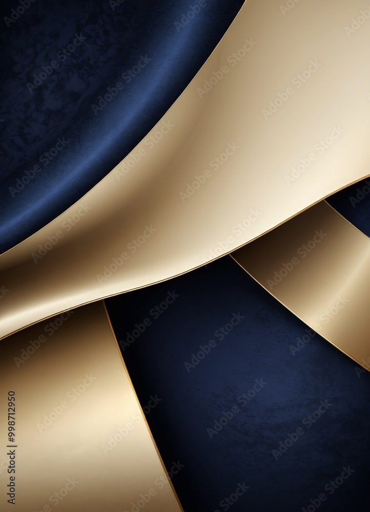 Poster a striking abstract composition of overlapping curved lines in shades of gold and navy blue, creating a sense of depth and movement