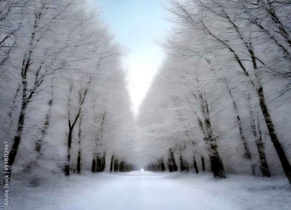 Poster A snowy path winds through a forest of bare trees, creating a serene and tranquil atmosphere