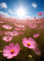 A field of pink cosmos flowers stretches out under a bright blue sky, with the sun shining brightly in the top left corner