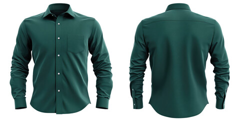 3d green male office formal shirt front and back view. Blank mockup for branding uniform on transparent cutout background, PNG file. Mockup clipart template