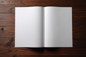 an open book on a wooden table with a blank page