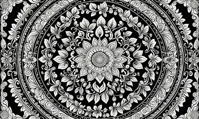 a detailed, intricate black and white mandala design with a central flower surrounded by leaves and branches The design is symmetrical and has a repeating pattern of floral