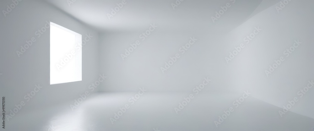 Poster a minimalist, white-themed room with a large window on the left wall, creating a sense of spaciousne