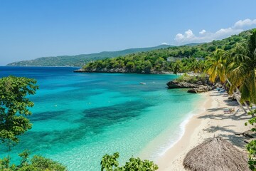 Fototapeta premium Beautiful beach with palms and turquoise sea in Jamaica island.