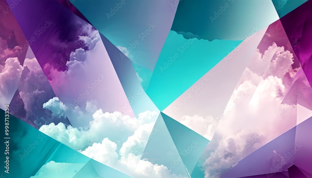 Poster a digital collage featuring a vibrant sky with clouds in shades of purple, blue, and white the sky i