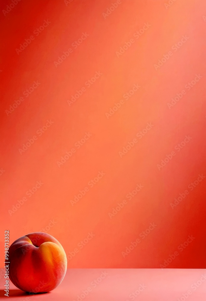 Poster a single peach rests on a pink background, its vibrant orange and yellow hues contrasting with the s
