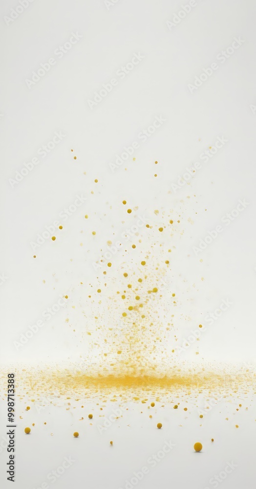 Poster a white background with scattered yellow dots, resembling a splash of paint or a burst of confetti.